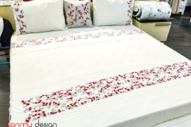 Queen size duvet cover embroidered with red string peach blossom embroidery